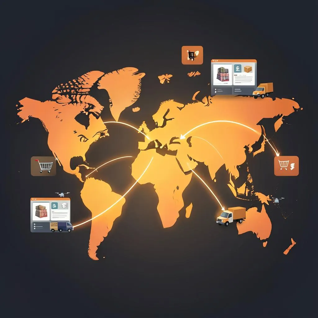Illustration of a global e-commerce marketplace network connecting continents